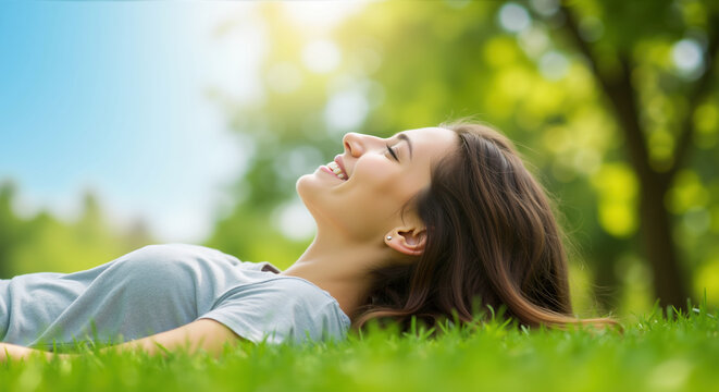 Happy woman lying on grass with eyes closed enjoying sunny day outdoors. Mental wellness and relaxation concept. Stress relief therapy services - Powered by Adobe