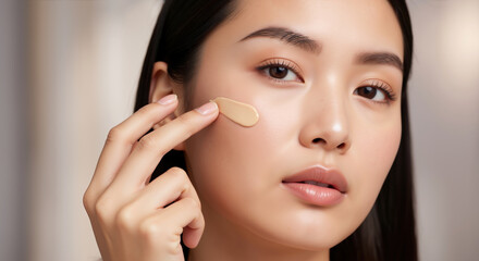 Asian woman applying foundation makeup with finger on cheek close up. Cosmetic beauty routine skincare treatment face makeup application salon service professional