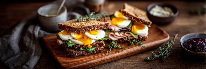 Delicious breakfast features a mega sandwich loaded with fresh turkey, a perfectly cooked egg, and spinach on whole grain toast, accompanied by herbs and a warm beverage, banner