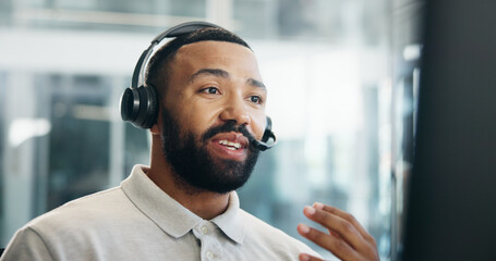 Computer, headset and solution with man in call center for assistance, feedback or virtual help....