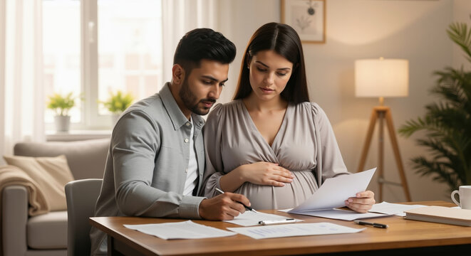 Pregnant woman and man reviewing documents at home table. Family planning maternity insurance healthcare financial consultation prenatal care expecting baby - Powered by Adobe