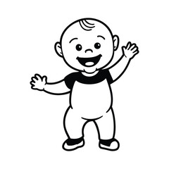 Cheerful Baby Waving One Hand Black and White Outline Vector, Happy Baby Waving Hand Illustration, Cute Infant in Simple Outfit Drawing, Minimal Baby Waving Outline Art