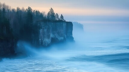 Serene Coastal Cliffs with Gentle Ocean Waves Under Soft Morning Light in a Foggy Atmosphere