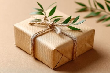 Recycled kraft paper gift box tied with natural twine.