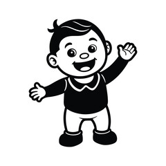 Cheerful Baby Waving One Hand Black and White Outline Vector, Happy Baby Waving Hand Illustration, Cute Infant in Simple Outfit Drawing, Minimal Baby Waving Outline Art