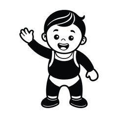 Cheerful Baby Waving One Hand Black and White Outline Vector, Happy Baby Waving Hand Illustration, Cute Infant in Simple Outfit Drawing, Minimal Baby Waving Outline Art