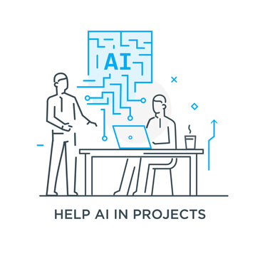 illustrations concept with businessmen. technology, partnership, artificial intelligence business robot, cybes. linear illustration Icons infographics. Landing page site print poster. Line story