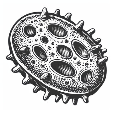 Ancient archaea cell illustration with spiked surface and textured details in vintage style