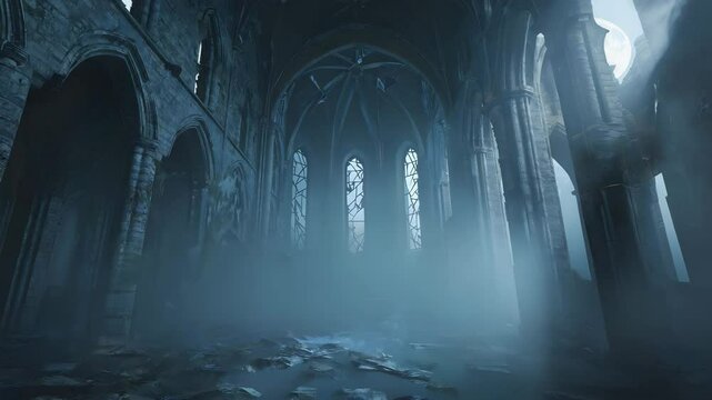 Interior view of a gothic style cathedral with arches and fog in a dark and moody setting. Ruined gothic cathedral with fog. Broken stained glass in ruins. Old cathedral with misty light
