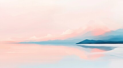 Serene Landscape with Soft Pastel Colors Reflecting on Calm Water and Mountains Under a Gentle Sunrise Sky