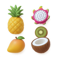 High-quality 3D tropical fruit icon set pineapple, dragon fruit, mango, kiwi, and coconut cute aesthetic PNGs in 3 aligned rows, white background, Ai Generate.