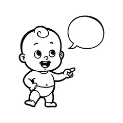Surprised Baby Pointing with Speech Bubble Black and White Outline Vector, Baby Pointing One Hand Illustration, Cute Infant with Speech Bubble Drawing, Minimal Baby Exclaiming Outline Art