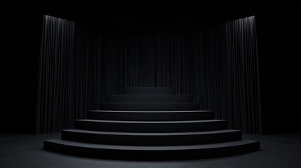 Fototapeta premium Dark monochrome stage with minimalist staircase and black curtains in background