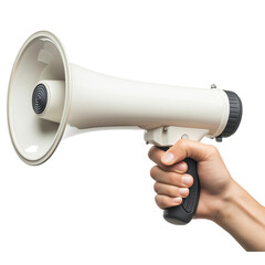 A hand holding a megaphone, isolated on a white background with a clipping path. A person speaking into the bullhorn.