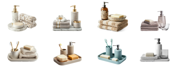 Collection of luxury bathroom set with a marble soap dish, matching lotion bottle, and decorative hand towels. isolate on transparent background