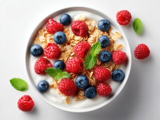 Yogurt parfait topped with granola and fresh berries.