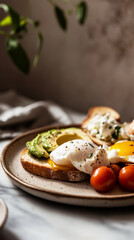 Enjoying a delicious breakfast board with poached eggs, avocado toast, and cherry tomatoes at a cozy cafe in the morning