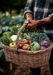 Farmer in a plaid shirt holding a basket of ripe, organic  vegetables - tomatoes, cabbage, lettuce, basil, spinach and romaine - with blurred background