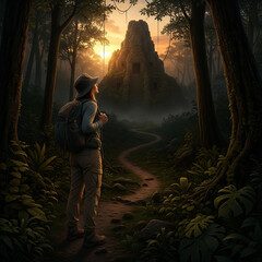 Woman walking along a path in the forest