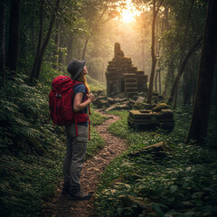 Woman walking through a dark forest