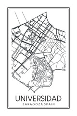 Hand drawn printable downtown road map poster of district UNIVERSIDAD of the Spanish city of ZARAGOZA on solid white background with city name