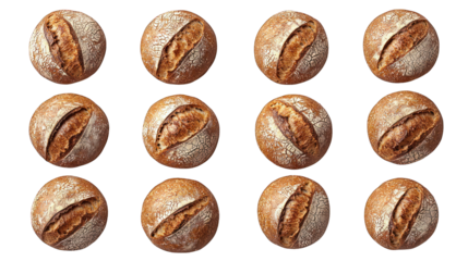 Twelve loaves, top view, crusty artisan bread on black