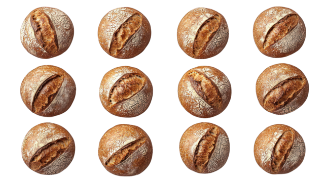 Twelve loaves, top view, crusty artisan bread on black