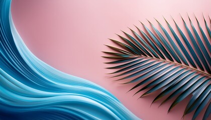 tropical palm leaf and soft blue wave on pink background