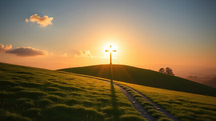 Path leading to christian cross at sunset over green hills