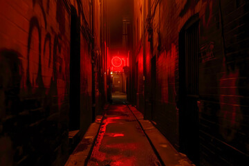 Dark alley at night illuminated by red neon lights and full of graffiti