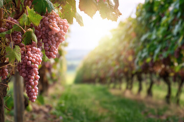 Bunches of pink grapes hanging from vine in vineyard at sunset