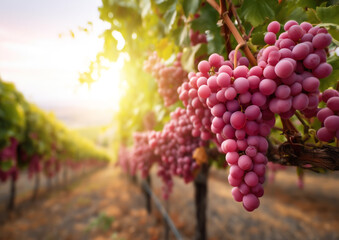 Bunches of pink grapes hanging from vine in vineyard at sunset