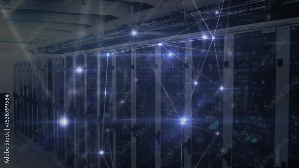 Poster when lights starting to appear triggers network overlay, nodes pulsing with lines mapping data flow