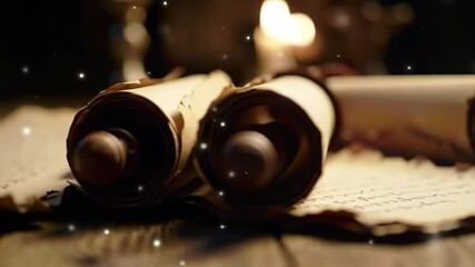 Ancient scrolls placed on textured surface with candlelight backdrop   - Powered by Adobe