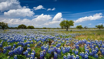 texas bluebonnet field blooming in the spring blue sky with clouds