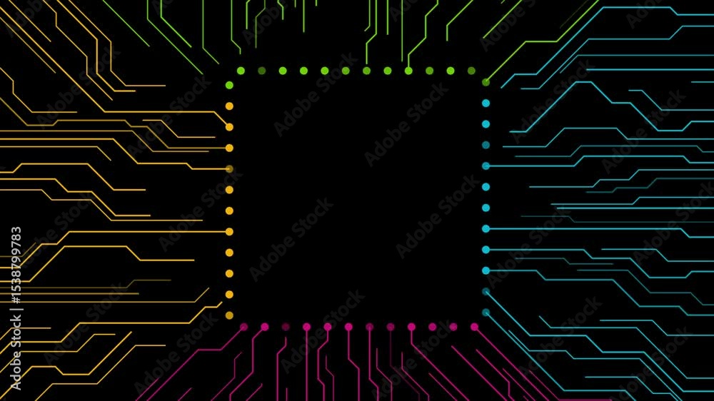 Aufkleber colorful circuit board lines abstract futuristic tech drawing on black background. seamless looping 
