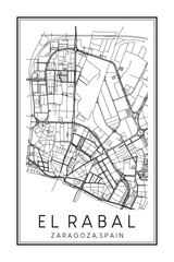 Hand drawn printable downtown road map poster of district EL RABAL of the Spanish city of ZARAGOZA on solid white background with city name