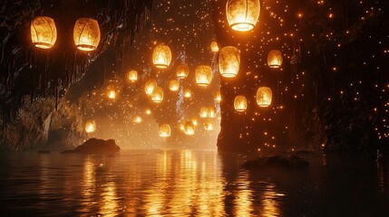 Illuminated cave passage with floating lanterns.