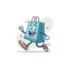 Shopping bag cartoon:  A delightful cartoon illustration depicts a vibrant shopping bag, brought to life with animated expressions and lively movement, conveying the joyful spirit of shopping.