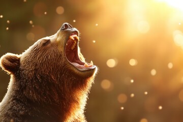 A bear is roaring in the sun, with its mouth wide open