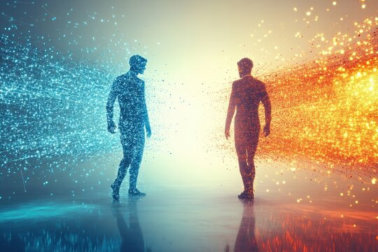 Two figures, one red, one blue, composed of light particles face each other. Use to illustrate technology, the future, connection, or opposing viewpoints.