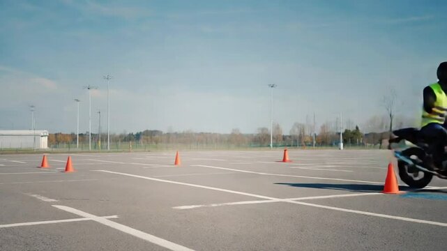 Person wearing a vest practicing riding a motorcycle on a circuit.