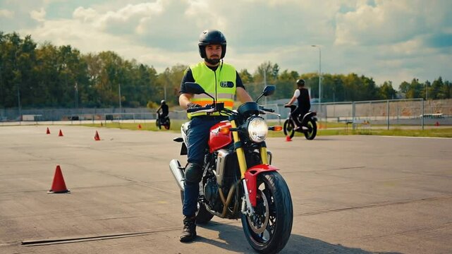Person wearing a vest practicing riding a motorcycle on a circuit.