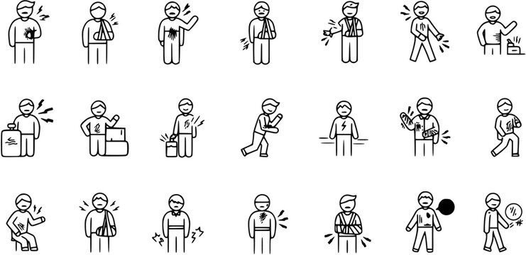 vector set of Work Related Injury Icon – Person Wearing a Sling, man broken arm wearing splint icon, accident injuries icon
