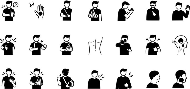 vector set of Work Related Injury Icon – Person Wearing a Sling, man broken arm wearing splint icon, accident injuries icon
