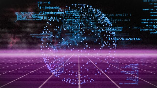 Pulsing magenta glow starting sphere rotating, Java Python C code drifting fading showing code flow
