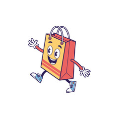 Joyful shopping bag: A delightful illustration of a cartoon shopping bag with a cheerful face. Its playful expression and lively stance create a sense of excitement and happiness.