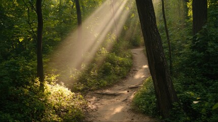 Obraz premium Serene forest scene with narrow dirt path, sunbeams piercing through dense canopy, radiant rays illuminating forest floor, tall dark-brown trees, vibrant green foliage, tranquil haven.