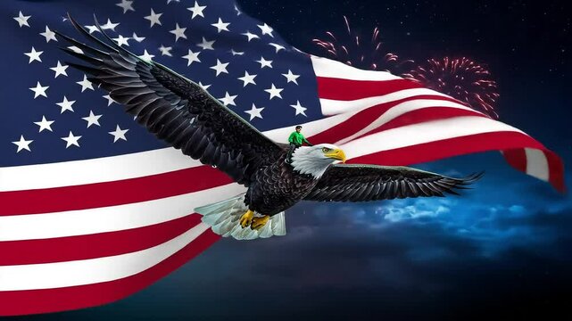 Majestic Bald Eagle Soaring Above American Flag with Fireworks Display A Patriotic Image