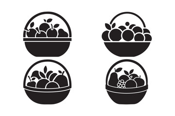 Fruit Basket Silhouette Clipart Set Black and White Fresh Produce Icons for Crafts & Design